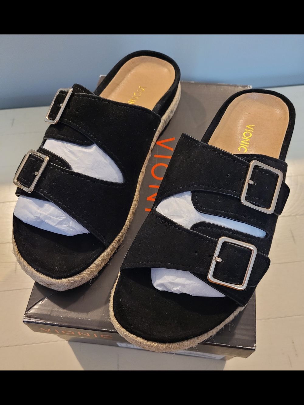 Vionic Black Suede Double Buckle Slide Sandals - Picture 13 of 13